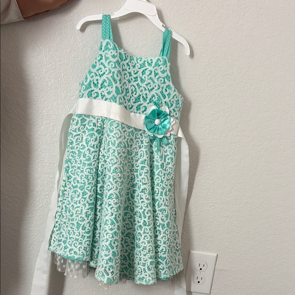 Rare Editions Aqua Lace Dress with White Accents